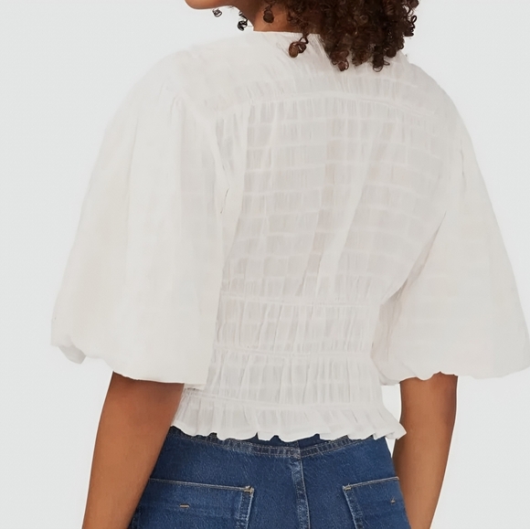 1 State White Smocked Puff Sleeve Crop Top, Size Large - Picture 2 of 8